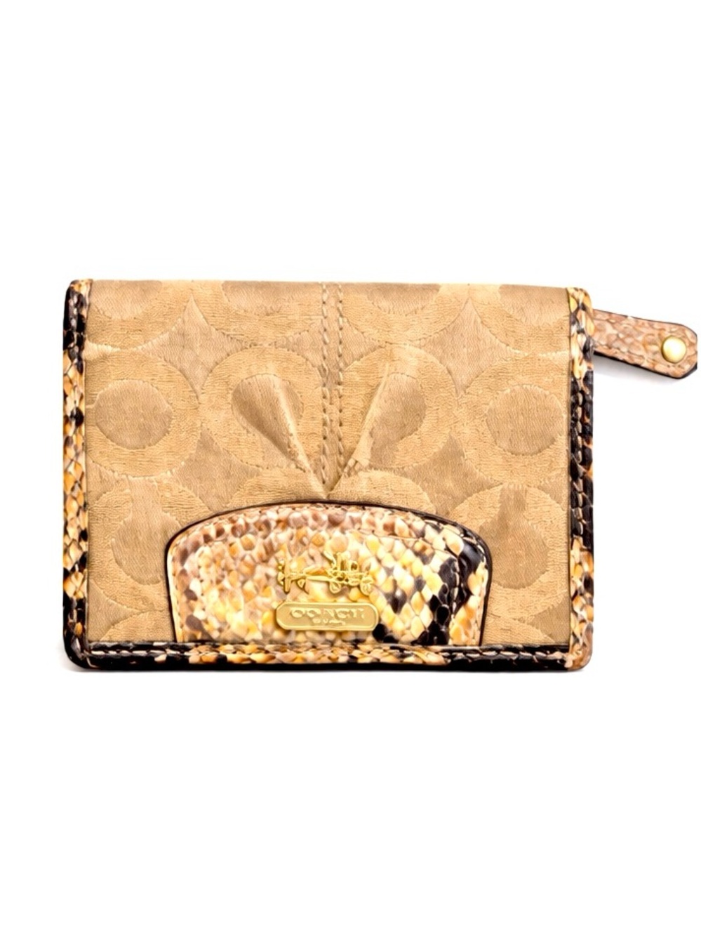 Coach Madison Op Art Sateen Python Embossed Leather Trim Bifold Wallet